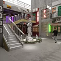 Vintage Commercial Street With Wangping Overpass Statue Neon Signs Staircase And Building Windows