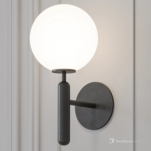 Modern Style Wall Light with White Spherical Lampshade and Black Pole Mounted on Indoor Wall 3d model 