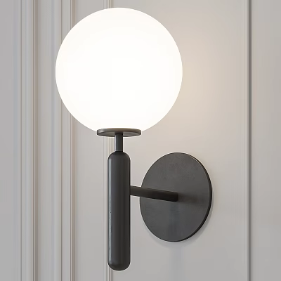 Modern Style Wall Light with White Spherical Lampshade and Black Pole Mounted on Indoor Wall 3d model
