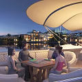 Evening Waterfront Scene With Boat Featuring White Canopy Surrounding Buildings And Lights Creating Calm Reflections