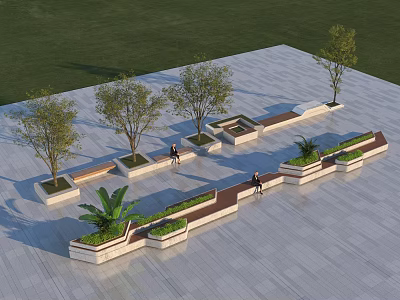 Modern Outdoor Public Space Design With Trees Benches And Planters For Relaxation 3d model