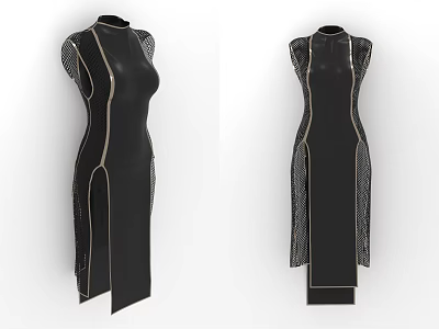 Black High Collar Dress With Side Slit And Decorative Seam Details 3d model
