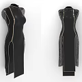 Black High Collar Dress With Side Slit And Decorative Seam Details