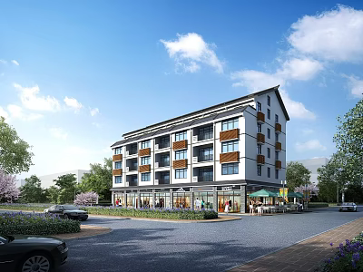 Modern Multi Storey Residential Building with Balconies Ground Floor Shops Greenery and Parking Area 3d model