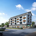 Modern Multi Storey Residential Building with Balconies Ground Floor Shops Greenery and Parking Area