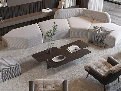 Modern Light Gray Modular Sofa And Wooden Coffee Table Set With Green Plant And Blanket 3d model