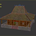 Cartoon Traditional Building Scene With Tile Roof Curved Eaves And Stone Base