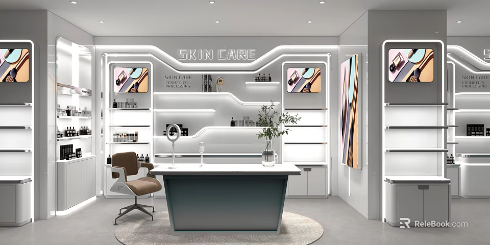 Skin Cause Beauty Store Interior Featuring White Shelves Counter Green Plant And Decorative Paintings 3d model 