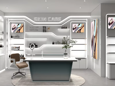 Skin Cause Beauty Store Interior Featuring White Shelves Counter Green Plant And Decorative Paintings 3d model