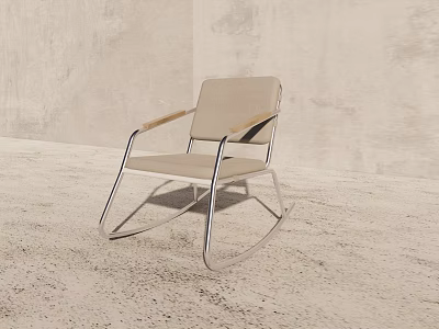 Modern Minimalist Rocking Chair With Metal Frame Wooden Armrests And Beige Cushion 3d model