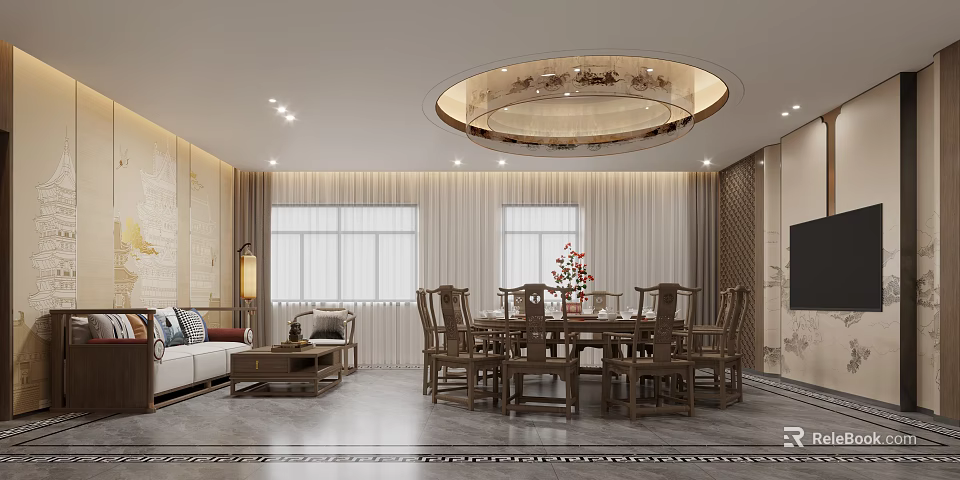 Modern Chinese Style Private Room With Dining Table Chairs And Sofa 3d model