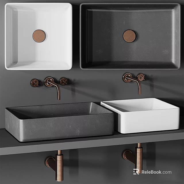 Modern Bathroom Washbasins With White Gray Finishes And Copper Faucet Features 3d model 