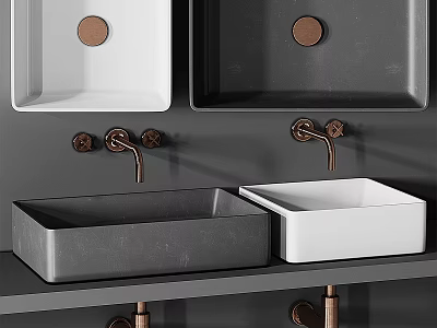 Modern Bathroom Washbasins With White Gray Finishes And Copper Faucet Features 3d model