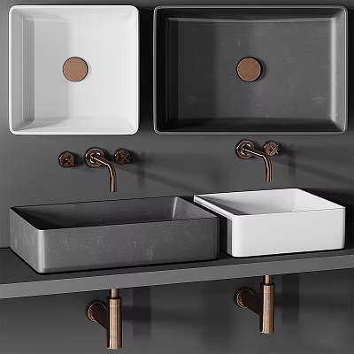 Modern Bathroom Washbasins With White Gray Finishes And Copper Faucet Features 3d model