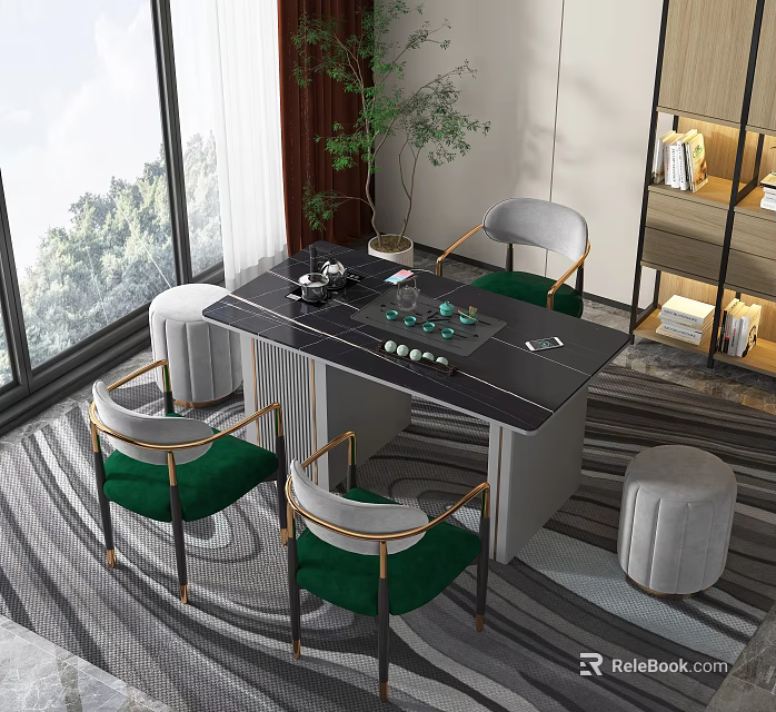 Black Tabletop Green Cushioned Gold Frame Tea Table with Chairs Indoor Large Window View 3d model
