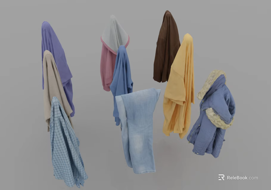 Assorted Hanging Clothes Featuring Various Colors And Styles Like Shirts Coats And Scarves 3d model 