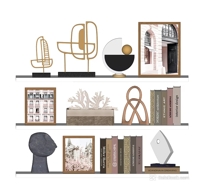 Decorative Ornament Combination With Golden Abstract Sculptures Photo Frames Coral Decor And Books On Shelves 3d model 
