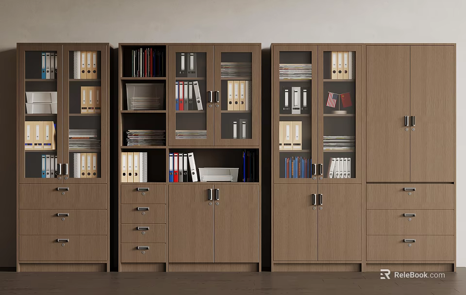 Office Folders Organized in Brown File Cabinets with Glass Wooden Doors and Documents 3d model 
