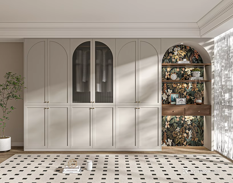 Modern White Wardrobe With Arched Glass Doors And Decorative Shelf On Floral Backdrop Checkered Floor 3d model 
