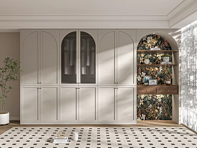 Modern White Wardrobe With Arched Glass Doors And Decorative Shelf On Floral Backdrop Checkered Floor 3d model