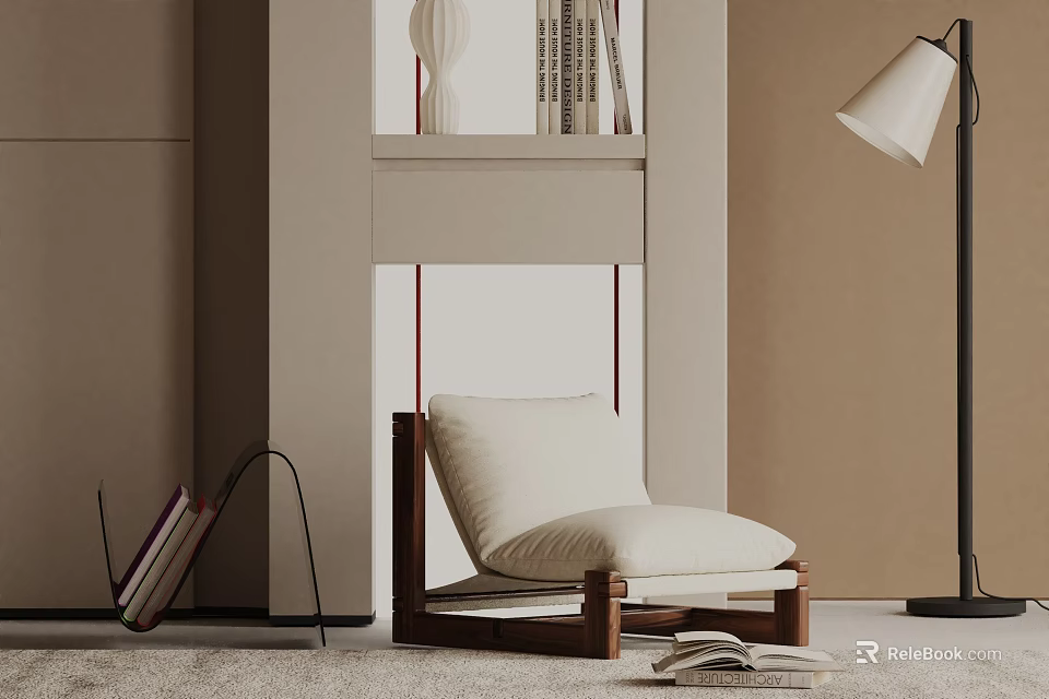 Stylish Modern Accent Chair With Wooden Frame White Cushion Floor Lamp And Books 3d model 