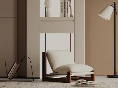 Stylish Modern Accent Chair With Wooden Frame White Cushion Floor Lamp And Books 3d model