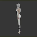 3D Female Character With Silver Hair White Bodysuit Leg Cutouts And Boots On Gray Background