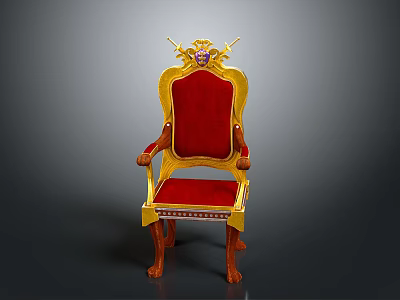 Ornate Royal Throne Chair With Golden Frame Red Upholstery And Decorative Top 3d model