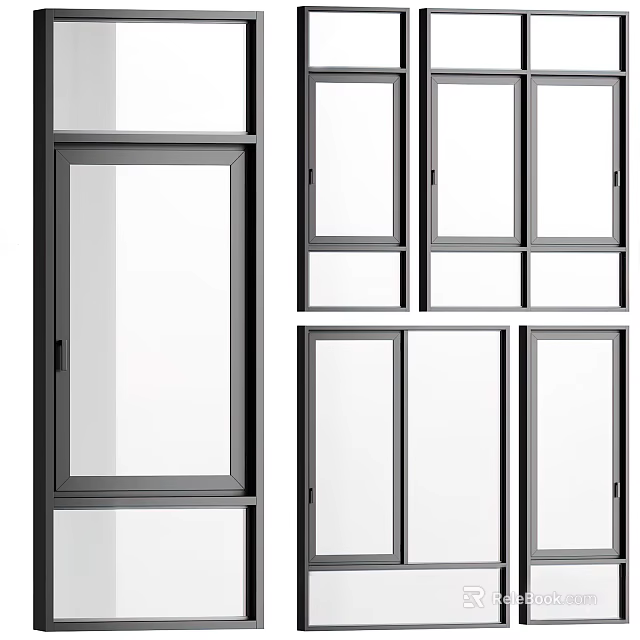 Different Modern Window Designs With Black Frames And Panel Configurations 3d model 