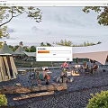 Garden Landscape Featuring Outdoor Dining Area Tents Canopy Trees Stone Pavement and Logs