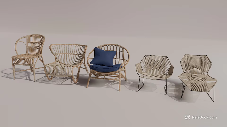 Stylish Rattan Leisure Chairs In Modern Designs With Blue Cushions Various Styles 3d model 
