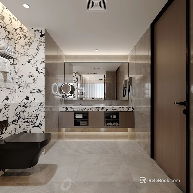 Elegant Modern Bathroom Interior With Marble Walls Double Vanity And Large Mirror 3d model 