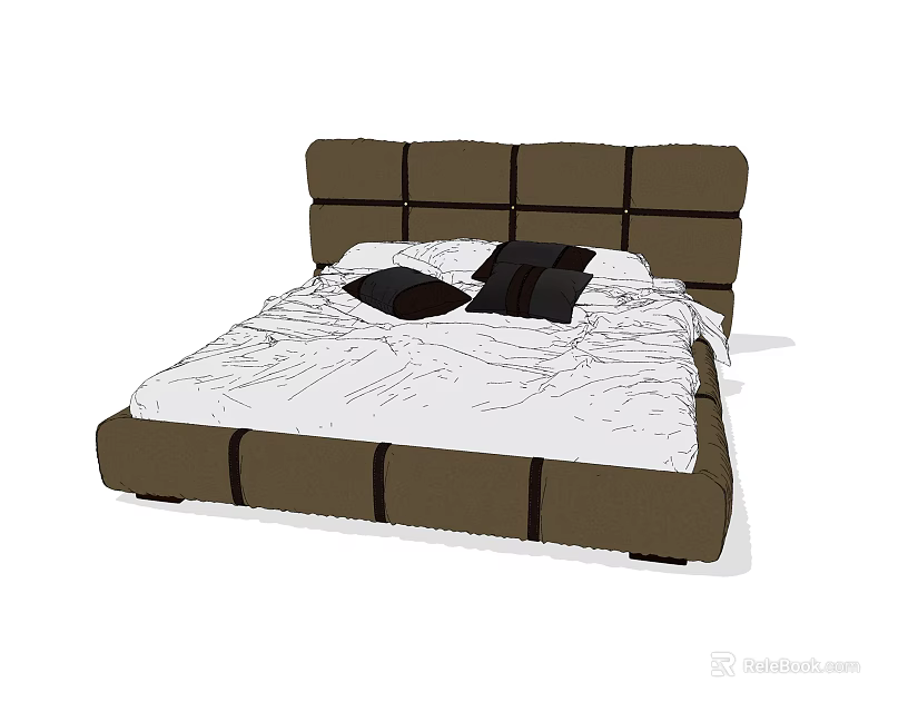 Double Bed With Brown Paneled Headboard And White Sheets Black Pillows 3d model