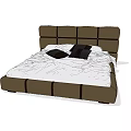 Double Bed With Brown Paneled Headboard And White Sheets Black Pillows 3d model