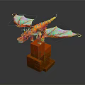 Detailed Orange Dragon Sculpture with Colorful Wings Standing on Orange Pedestal