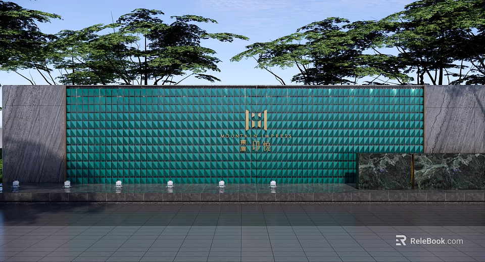 Green Diamond Pattern Feature Wall With Golden Logo Trees Background And Bottom Lights 3d model 