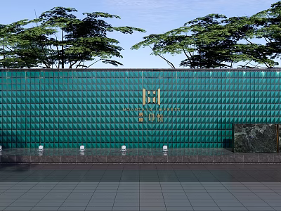 Green Diamond Pattern Feature Wall With Golden Logo Trees Background And Bottom Lights 3d model