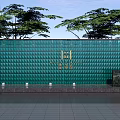 Green Diamond Pattern Feature Wall With Golden Logo Trees Background And Bottom Lights 3d model