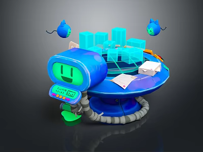 Blue Robot with Transparent Cubes Floating Blue Orbs on Table with Papers and Envelope 3d model