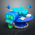 Blue Robot with Transparent Cubes Floating Blue Orbs on Table with Papers and Envelope 3d model