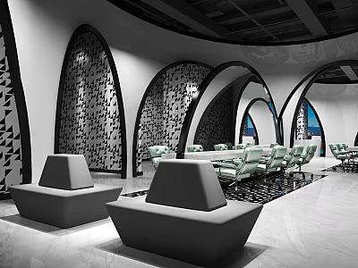 Stylish Beauty Salon Interior With Arched Design Black White Decor And Light Green Sofas 3d model