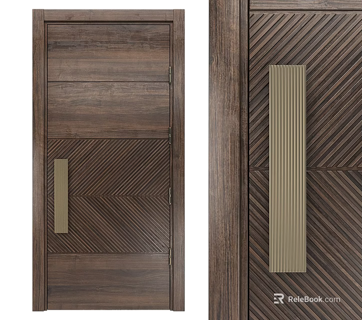 Swing Door with Wooden Herringbone Pattern and Metal Handle Design 3d model