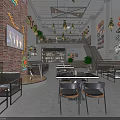 Industrial Style Restaurant Interior With Brick Wall Neon Lights Vintage Signs And Sofa Seating
