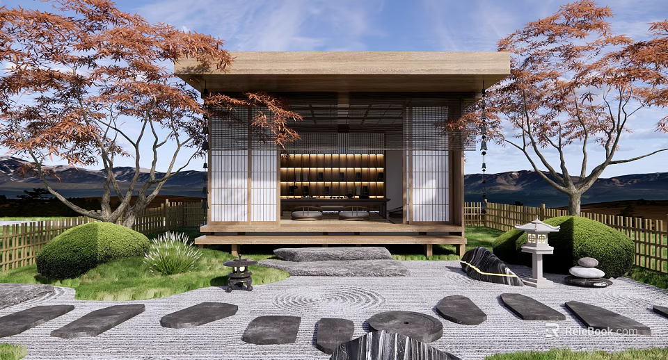 Japanese Karesansui Garden Landscape With Pavilion Stones Moss And Red Maple Trees 3d model 