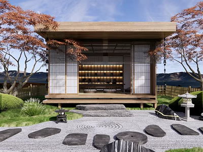 Japanese Karesansui Garden Landscape With Pavilion Stones Moss And Red Maple Trees 3d model