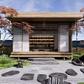 Japanese Karesansui Garden Landscape With Pavilion Stones Moss And Red Maple Trees
