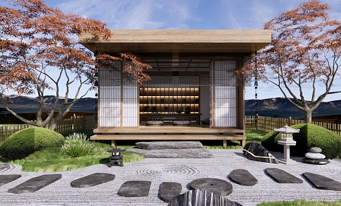 Japanese-style Courtyard Zen Courtyard Garden Tatami Tea Room Tea Table and Chair Combination Dry Landscape Garden Red Maple Rain Chain 3d model