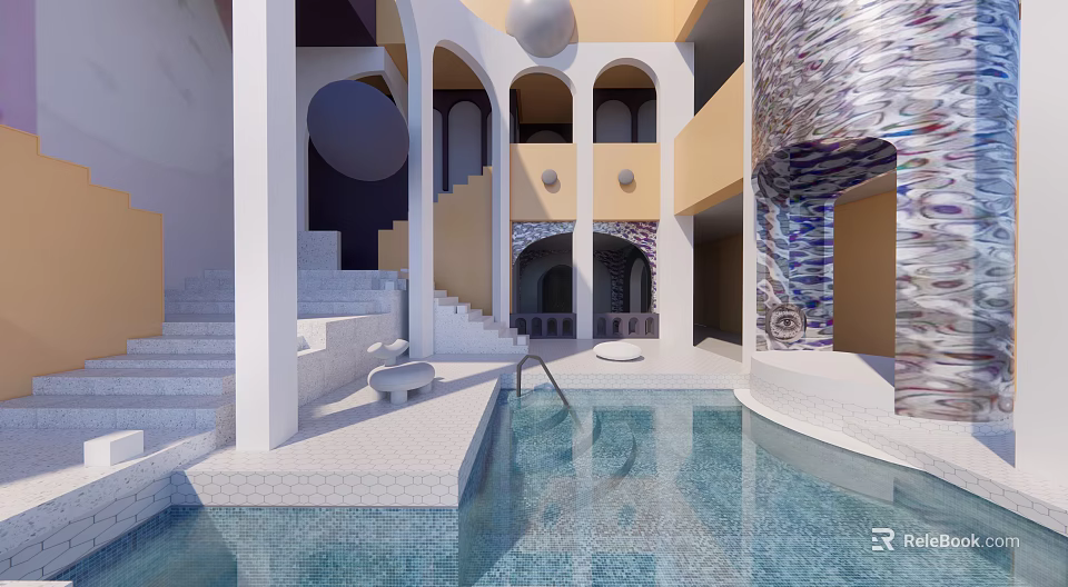 Elegant Modern Swimming Pool Area Featuring White Arches Staircase And Circular Decor 3d model