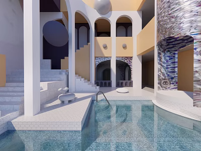 Elegant Modern Swimming Pool Area Featuring White Arches Staircase And Circular Decor 3d model
