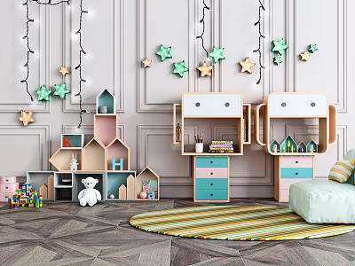 Cartoon Robot Kids Desk With Blue Pink Drawers And Toy Storage In Playroom 3d model